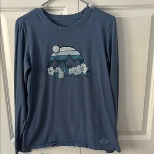 Life Is Good Slate Blue Long-Sleeve Tee with Mountain & Floral Graphic